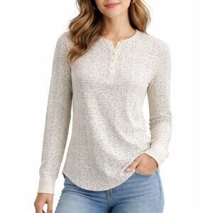 Duluth Trading Co Knit Printed Henley Long Sleeve Top Off White size Small